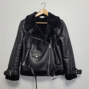 Topshop Black faux Leather biker Jacket with Shearling Collar